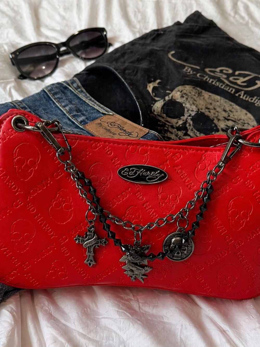 Ed Hardy Red Skull Shoulder Bag NWT Y2K Charm Chain Purse